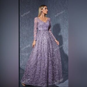 Embroidered Lace Deep V-Neck Long Sleeve Velvet Belted Dress